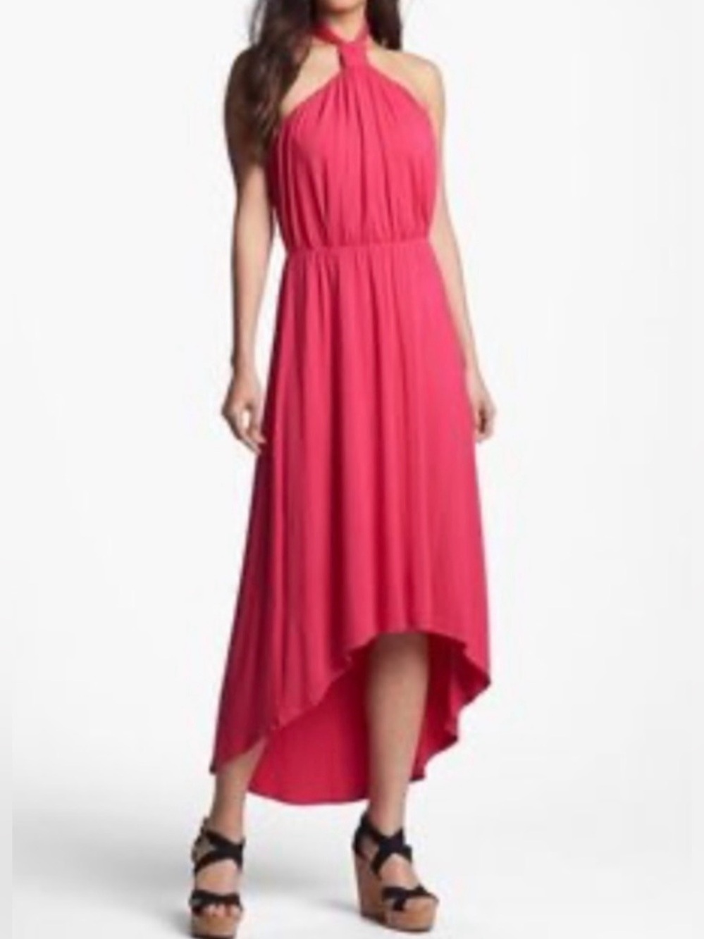 Felicity & Coco Hot Pink Jersey Knit Halter High Low Maxi Dress Sz XSP